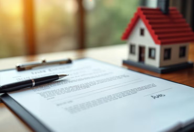 A property agreement being signed at a desk, with a model house beside it